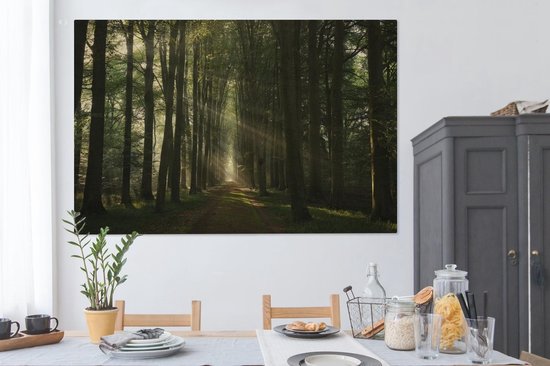 Canvas schilderij 150x100 cm - Wanddecoratie Bospad - Zonnestralen - Horizon - Bomen - Bos - Muurdecoratie woonkamer - Slaapkamer decoratie - Kamer accessoires - Schilderijen op canvas