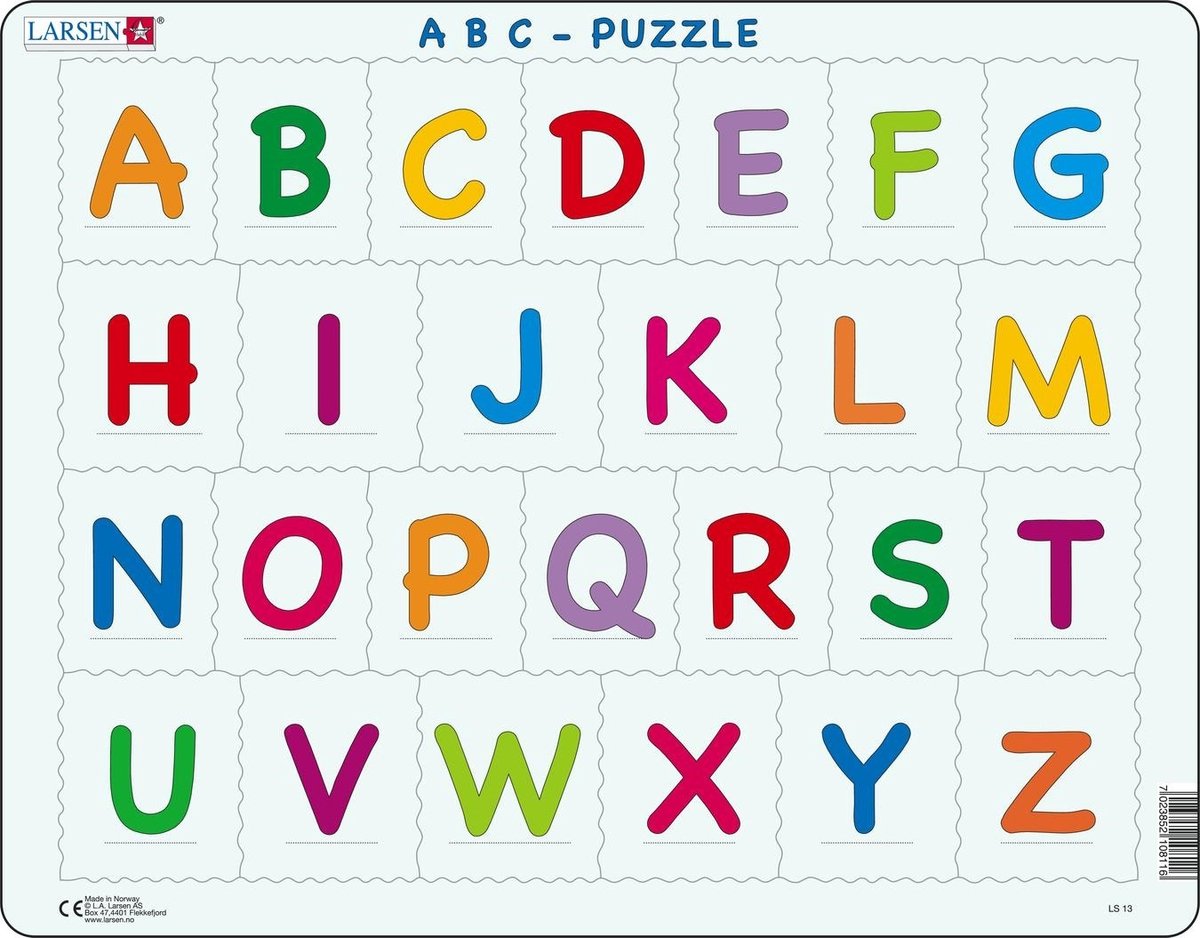 Larsen Alfabet – Puzzel – Leren lezen – Alfabet – Educatieve legpuzzel voor kinderen – 26 stukjes – Gemaakt in Noorwegen – Extra dikke 2,5 mm stukjes – Tray met vaste rand