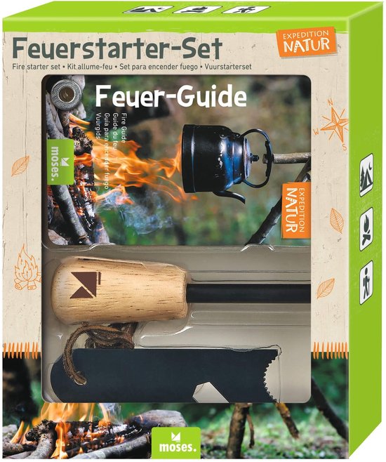 Vuurstarterset met een vuurgids, vuurmaker en een riempje.