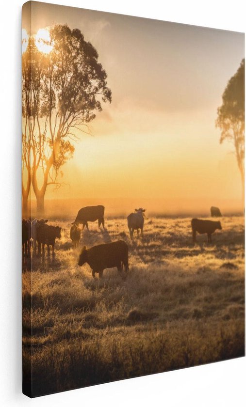 Artaza Tableau sur toile Troupeau de vaches dans le pré avec lever de soleil - 30x40 - Klein - Tableau sur toile - Impression sur toile