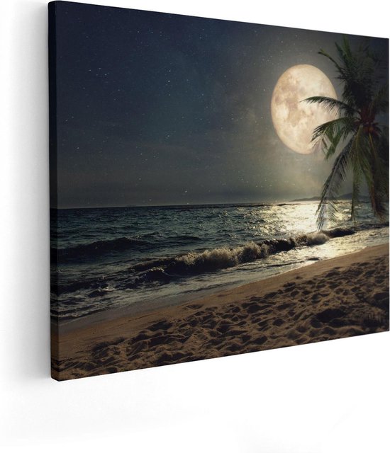 Artaza Canvas Schilderij Tropisch Strand In De Nacht Met Volle Maan - 50x40 - Foto Op Canvas - Canvas Print