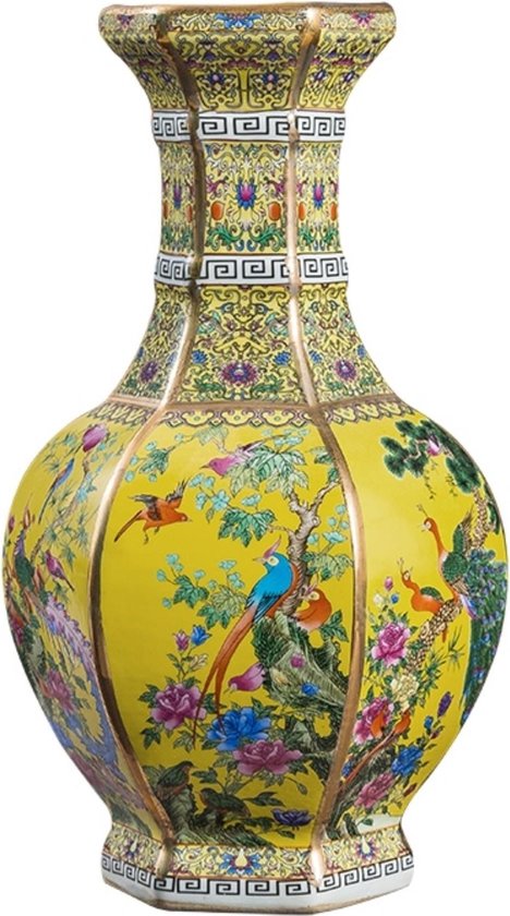 Fine Asianliving Chinese Vaas Porselein Bloemen Vogels Geel D19xH32cm