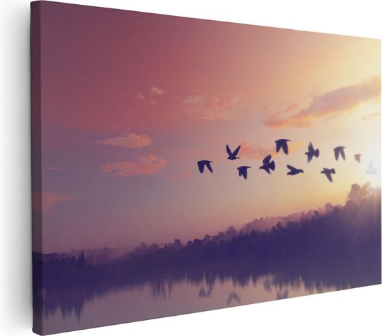 Artaza Canvas Schilderij Silhouet Vogels Tijdens Zonsondergang - 120x80 - Groot - Foto Op Canvas - Wanddecoratie Woonkamer