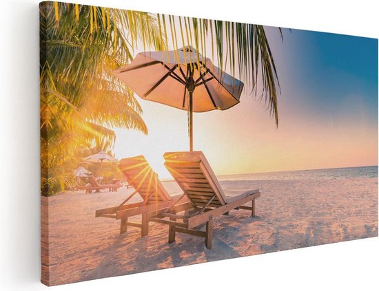 Artaza Canvas Schilderij Tropisch Strand Tijdens Zonsondergang - 40x20 - Klein - Foto Op Canvas - Canvas Print