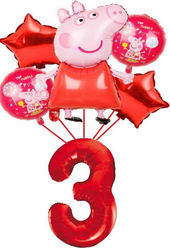 Peppa Pig - Big - Peppa folie ballonnen - set van 6 - rode ballonnen - 81 cm - groot getal ballon -  3 jaar - verjaardag