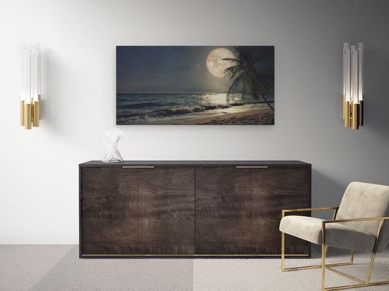 Artaza Toile Peinture Plage Tropicale La Nuit Avec Pleine Lune - 80x40 - Image Sur Toile - Impression Sur Toile