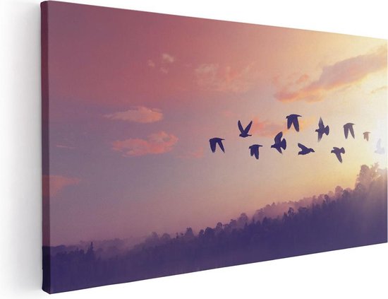 Artaza Canvas Schilderij Silhouet Vogels Tijdens Zonsondergang - 60x30 - Foto Op Canvas - Canvas Print