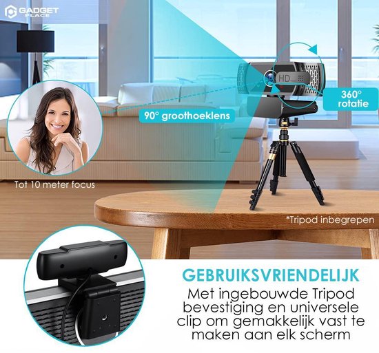 Full HD Webcam met Ruisvrije Microfoon - Incl. Tripod en Webcam Cover - 1080P - Voor Laptop en PC - Windows en Mac