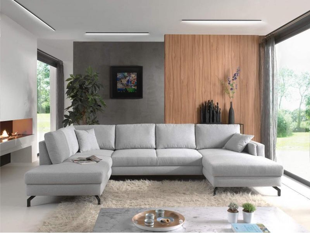 Panoramische salon,U bank,hoekbank,loungebank stof  licht grijs 348 cm - interieurs online