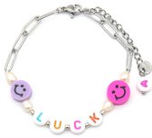 Dielay - Armband Dames - Luck en Smileys - RVS - Lengte Verstelbaar 17-21 cm - Zilverkleurig