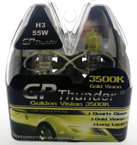 Verpakking met twee GP Thunder H3 55W autolampen met 3500K Gold Vision.