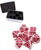 Metal Polydice set Steampunk - Metalen Polyhedral dobbelstenen set 8 delig | Set van 7 dice in metalen doosje / metal case | dungeons and dragons dice | D&D Pathfinder RPG DnD | Zilver - Rood