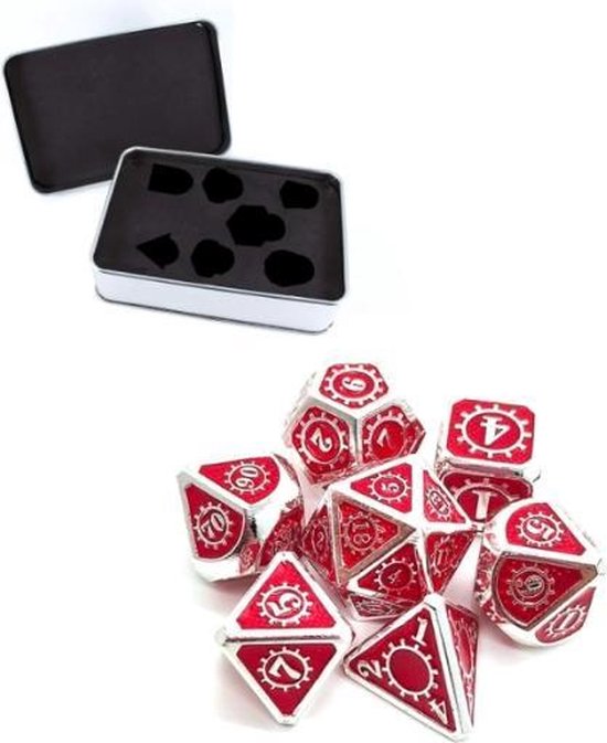 Afbeelding van het spel Metal Polydice set Steampunk - Metalen Polyhedral dobbelstenen set 8 delig | Set van 7 dice in metalen doosje / metal case | dungeons and dragons dice | D&D Pathfinder RPG DnD | Zilver - Rood (Metaal)