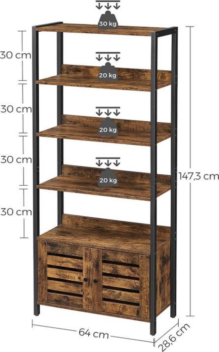 Hoppa! Songmics Boekenkast 4 niveaus Industrieel - Bruin/Zwart - Hout/Metaal