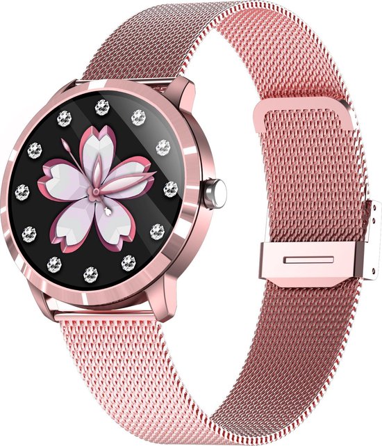 Belesy® Q8LP 2022 - Smartwatch Dames – Smartwatch Heren - Horloge - 1.09 inch - Kleurenscherm - Stappenteller - Bloeddruk - Hartslag - 75+ Wijzerplaten – Sporten – Staal - Roze - Moederdag