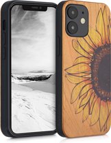 kwmobile telefoonhoesje geschikt voorApple iPhone 12 mini - Hoesje met bumper - kersenhout - In geel / donkerbruin / lichtbruin Wood Sunflower design