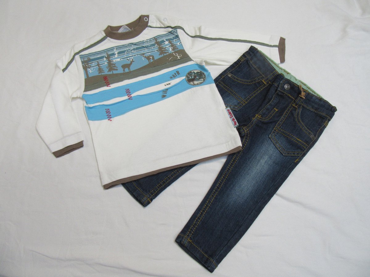 dirkje , jongens, kledingset , tshirt lange mouw , creme + jeans , 80