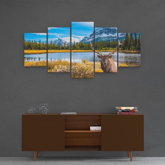 Pentaptyque Artaza - Peinture sur toile - Cerf dans les Montagnes au bord d'un lac - 100x50 - Photo sur toile - Impression sur toile
