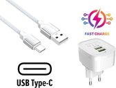 PowerPort 24W Thuislader met USB-C Kabel 1M - Oplader Stekker Adapter met 2 USB Poorten - Geschikt voor Samsung Galaxy A10/A11/A12/A21s/A51/A52/A52s/Note20/Note20Ultra/Watch/S21/S21FE/S21 Ult
