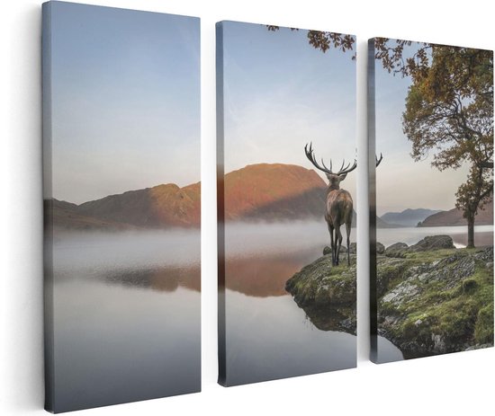 Artaza - Triptyque de peinture sur toile - Cerf au bord d'un lac - 120x80 - Photo sur toile - Impression sur toile