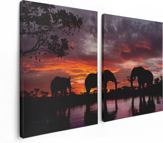 Artaza Canvas Schilderij Tweeluik Olifanten Tijdens Zonsondergang - Silhouet - 120x80 - Foto Op Canvas - Canvas Print