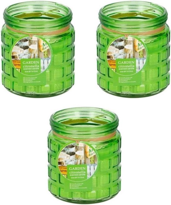 3x stuks citronella kaarsen tegen insecten in glazen pot 12 cm groen - Anti-muggen/insecten