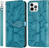 Life of Tree Embossing-patroon Horizontale flip-lederen hoes met houder & kaartsleuf & portemonnee & fotolijst & lanyard voor iPhone 13 Pro (meerblauw)