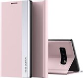 Voor Samsung Galaxy S10 Plus Side gegalvaniseerde magnetische ultradunne horizontale flip lederen hoes met houder (roze)