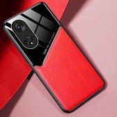 All-inclusive lederen + organische glazen beschermhoes met metalen ijzeren plaat voor Honor 50 Pro (rood)