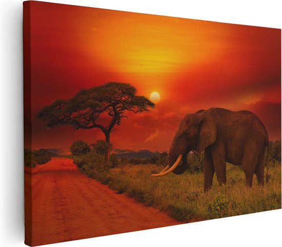 Artaza Canvas Schilderij Olifant In Het Wild Tijdens Zonsondergang - 120x80 - Groot - Foto Op Canvas - Wanddecoratie Woonkamer