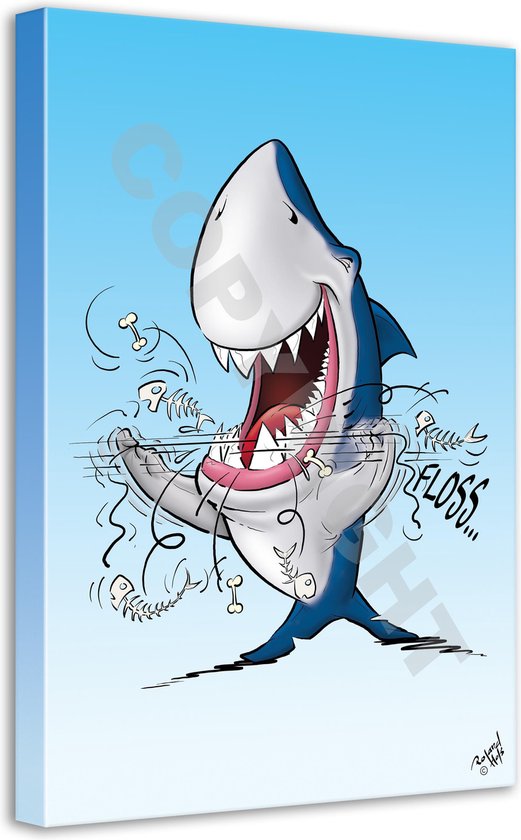 Tandarts Cartoon op canvas - Roland Hols - Flossende haai - 90 x 60 cm - Houten frame 4 cm dik - Orthodontist - Mondhygiënist