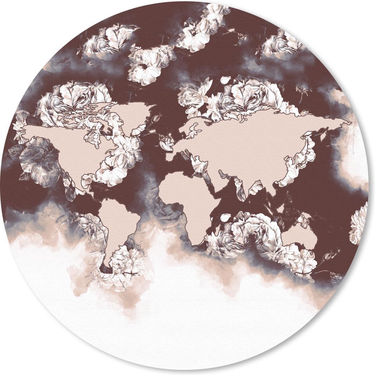 Muismat rond 30x30 cm - Mousepad Wereldkaart - Bloemen - Bruin - Ronde muismatten