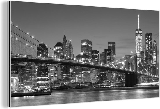 Wanddecoratie Metaal - Aluminium Schilderij Industrieel - New York - Brooklyn bridge - Zwart - Wit - 40x20 cm - Dibond - Foto op aluminium - Industriële muurdecoratie - Voor de woonkamer/slaapkamer