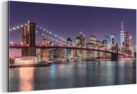 Wanddecoratie Metaal - Aluminium Schilderij Industrieel - New York - Brooklyn Bridge - Zonsondergang - 40x20 cm - Dibond - Foto op aluminium - Industriële muurdecoratie - Voor de woonkamer/slaapkamer