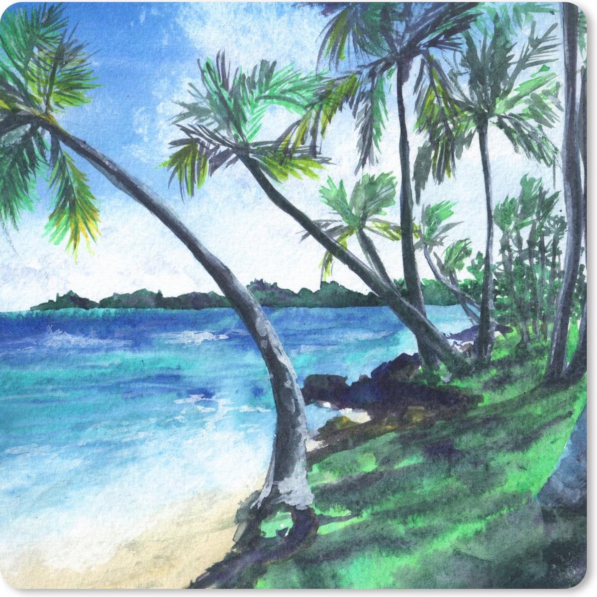 Muismat 20x20 cm - Mousepad Palmboom - Strand - Waterverf - Muismatten