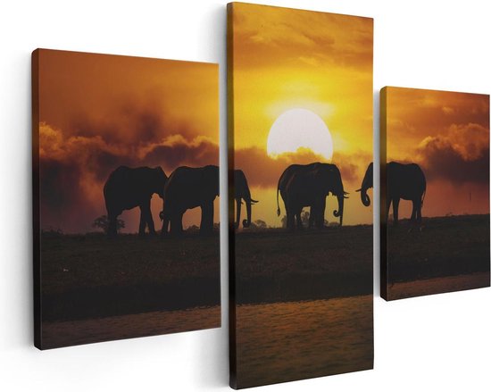 Artaza Canvas Schilderij Drieluik Silhouet Olifanten Tijdens Zonsondergang - 90x60 - Foto Op Canvas - Canvas Print