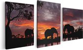 Artaza Canvas Schilderij Drieluik Olifanten Tijdens Zonsondergang - Silhouet - 120x60 - Foto Op Canvas - Canvas Print