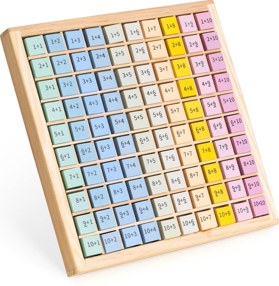 Thumbnail van een extra afbeelding van het spel Navaris houten rekenbord - Bord om sommen te oefenen - Oefenbord met de sommen van 1 t/m 10 - Met 100 gekleurde blokken van hout - Rekenspel
