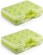 2x stuks opbergkoffertje/opbergdoos/sorteerboxen 22-vaks kunststof groen 28 x 21 x 6 cm - Sorteerdoos kleine spulletjes