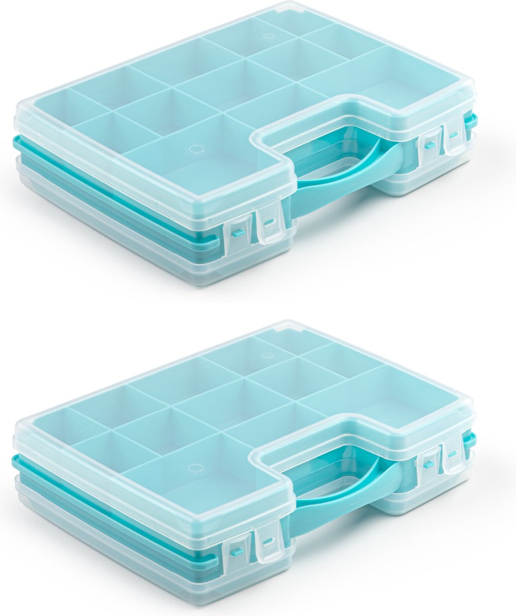 Plasticforte Opbergkoffertje - 4x - 21 vaks - blauw - kunststof - 28 x 21 x 6 cm - sorteerdoos