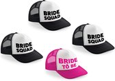 Vrijgezellenfeest dames petjes blokletters - 1x Bride to Be roze + 9x Bride Squad zwart - Bachelorette