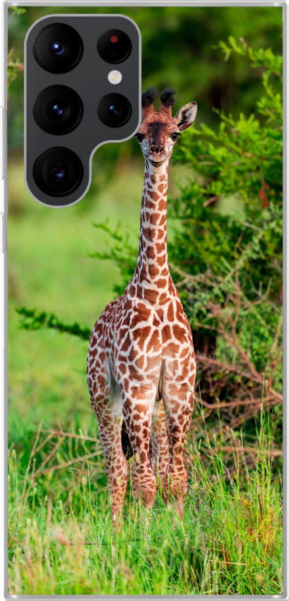 Telefoonhoesje Geschikt voor Samsung Galaxy S22 Ultra hoesje - Baby - Giraffe - Planten - Siliconen Telefoonhoesje Telefoonhoesje