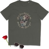 Dames T Shirt - Bloemen Doodshoofd en Tekst - Groen Khaki - Maat L