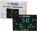 Airvital XL CO2 Monitor XL met verpakking. De monitor toont 581 ppm CO2, 19.6°C en 65.3% luchtvochtigheid.