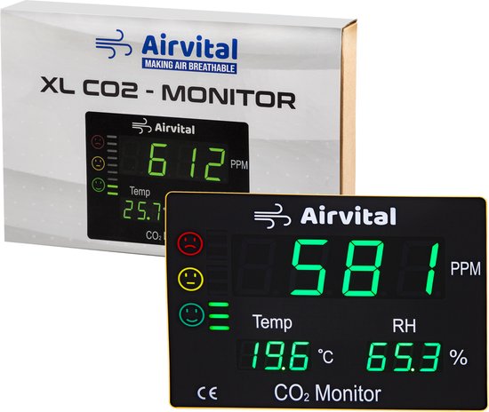 Airvital XL CO2 Monitor XL met verpakking. De monitor toont 581 ppm CO2, 19.6°C en 65.3% luchtvochtigheid.