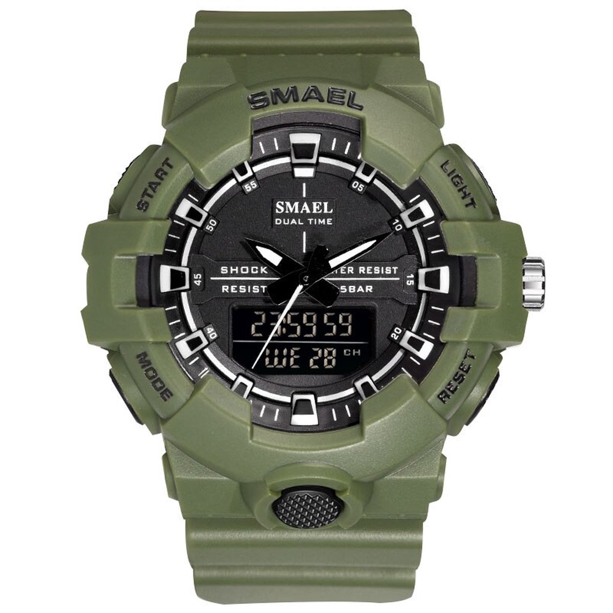 Shock Bestendig Heren Horloge Groen met rubber band | Smael | 1642b | Waterdicht | Glow in dark | Mud Master | Leger | Licht | Rubberen band | Timer | Army | Eyecatcher | Master| Vaderdag Cadeau | Vaderdag | kado|