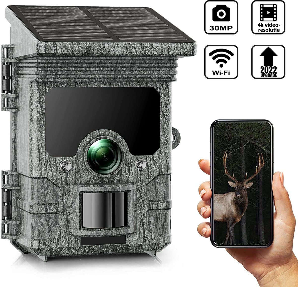 CEYOMUR Zonne Jachtcamera 4K 30fps, 60MP Wi-Fi 6 Wildcamera met 120° Detectiehoek Bewegingdetector Nachtsicht 0,1s Triggervertraging Oplaadbare 5200mAh Accu met 32GB SD-kaart IP66 Waterdicht