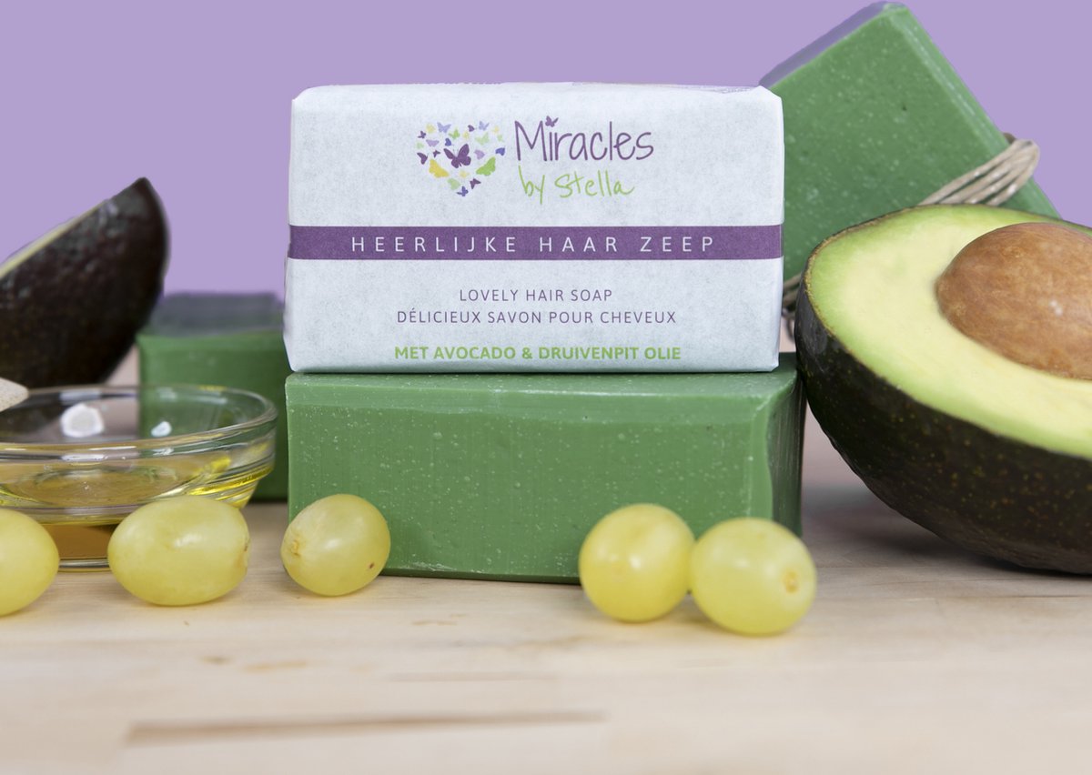 100% natuurlijke en vegan shampoo bar - Heerlijke Haar Zeep - Miracles by Stella - met avocado- en druivenpitolie