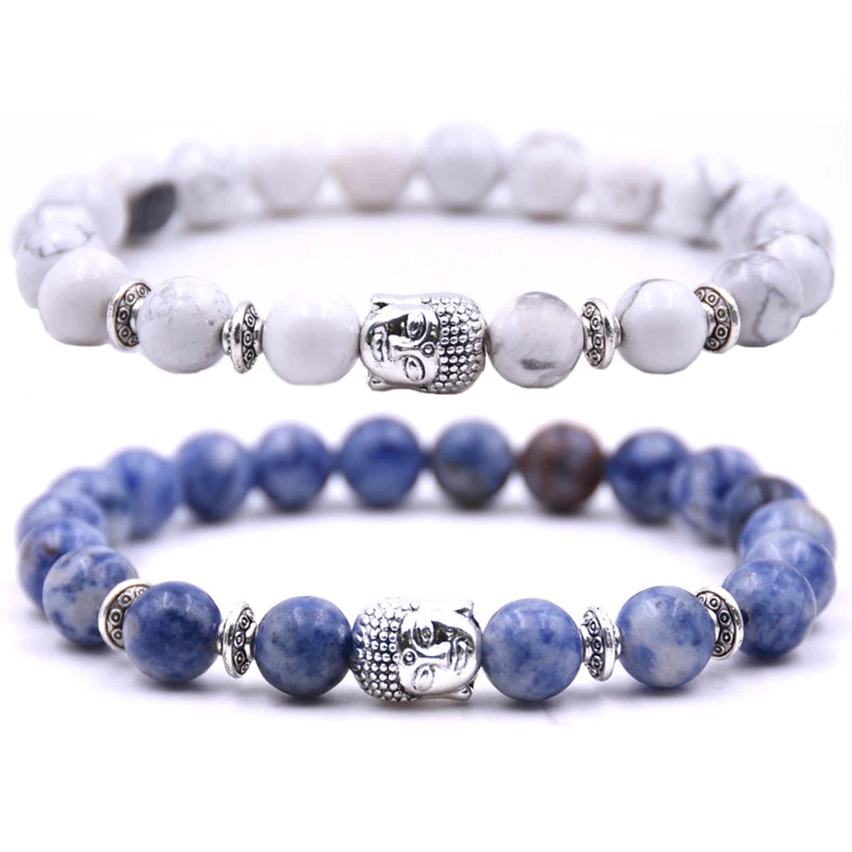 Kralen armband buddha / boedha bedel - Armband dames / heren / unisex - Natuursteen kralen bandje - Elastiek 19 cm - 8mm stenen - Armbandenset (2 stuks) - Wit marmer & blauw