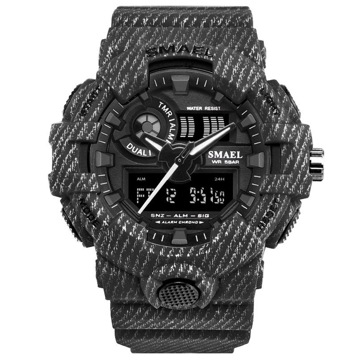 Camouflage Shock Bestendig Heren Horloge Zwart grijze rubber band | Smael | Waterdicht | Glow in dark | Mud Master | Leger | Grof | Licht | Rubberen band | Timer | Army | Eyecatcher | Master| Vaderdag Cadeau | Vaderdag | kado|